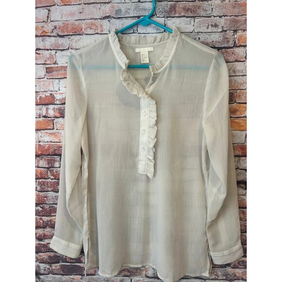 H&M cream sheer long sleeve blouse top shirt ruffled hem women's size 4 - Picture 1 of 4